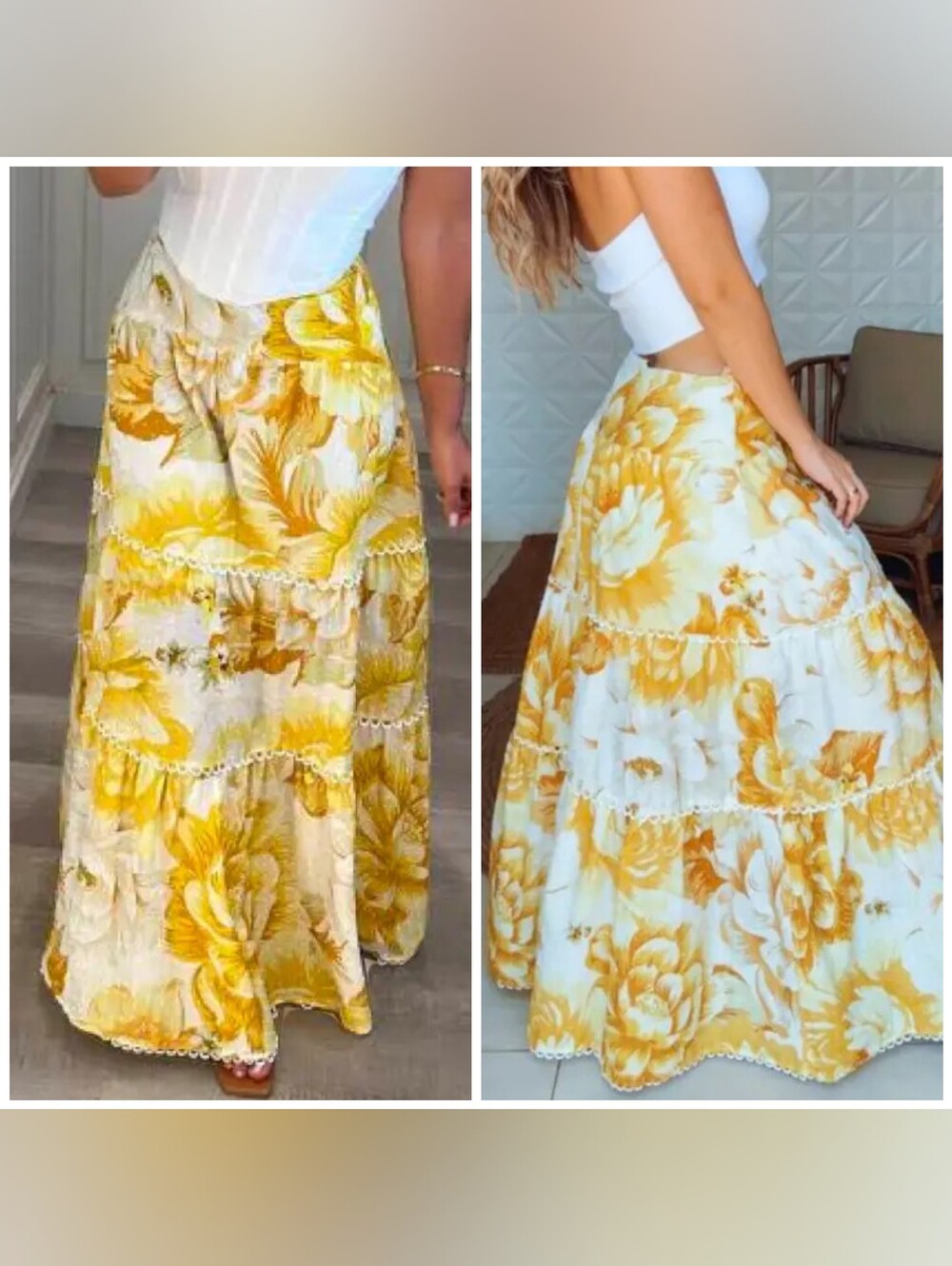 NWT Farm Rio Maxi Tiered Skirt Yellow Floral Scalloped Size Small Lined Cotton